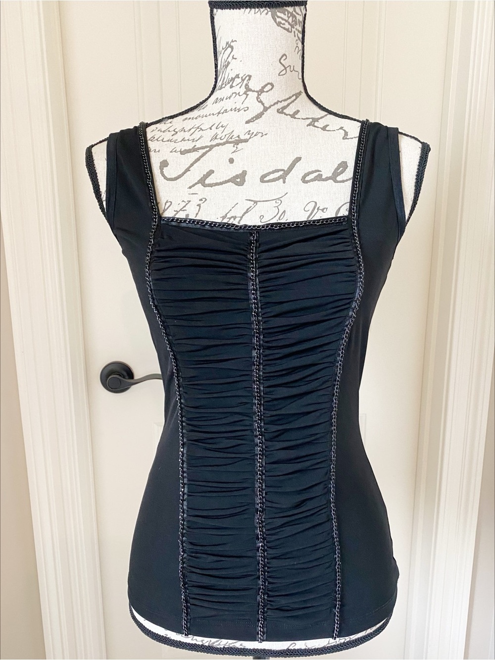 CACHE Y2K Black Ruched Tank Top with Decorative Metal Trim